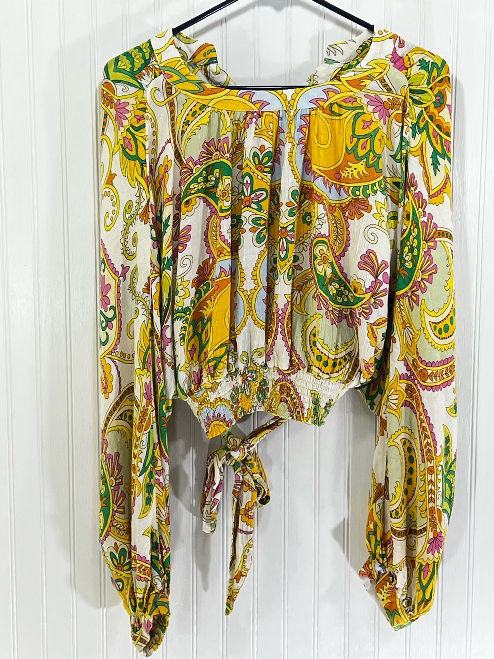 Haute Hippie Paisley faux wrap tie front Crop Top - Yellow, Green & Pink boho M - Picture 3 of 10